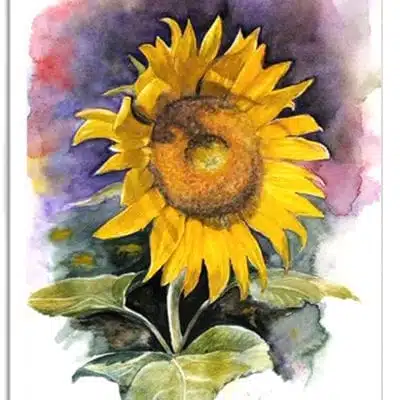 Sunflower art print featuring a detailed watercolor sunflower with bright yellow petals and a soft blended background