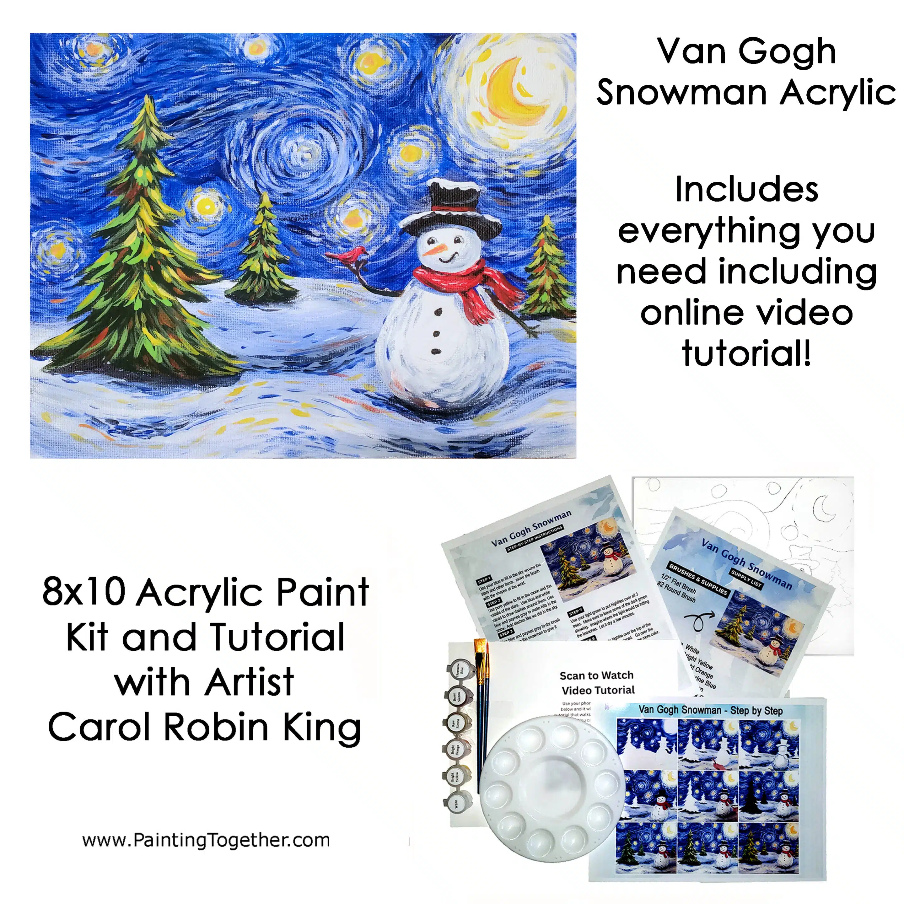 Acrylic art kit complete with tutorial featuring a Van Gogh–style snowman painting, with paints, brushes, palette, printed outline, and step-by-step instruction sheets by Carol Robin King