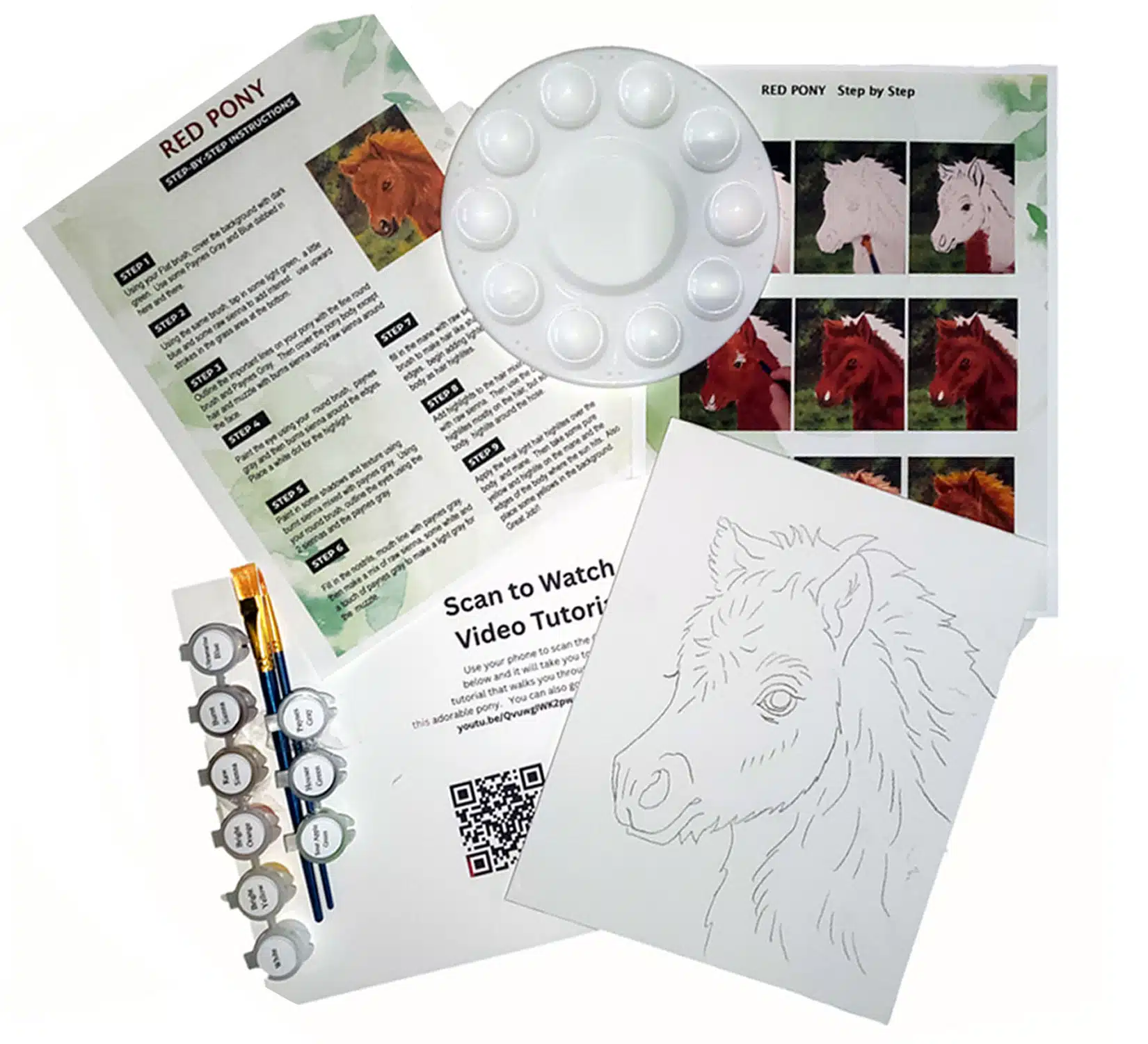 Acrylic art kit complete with tutorial showing all Red Pony painting supplies including paints, brushes, palette, printed outline, supply list, step-by-step sheets, and QR code for online instruction
