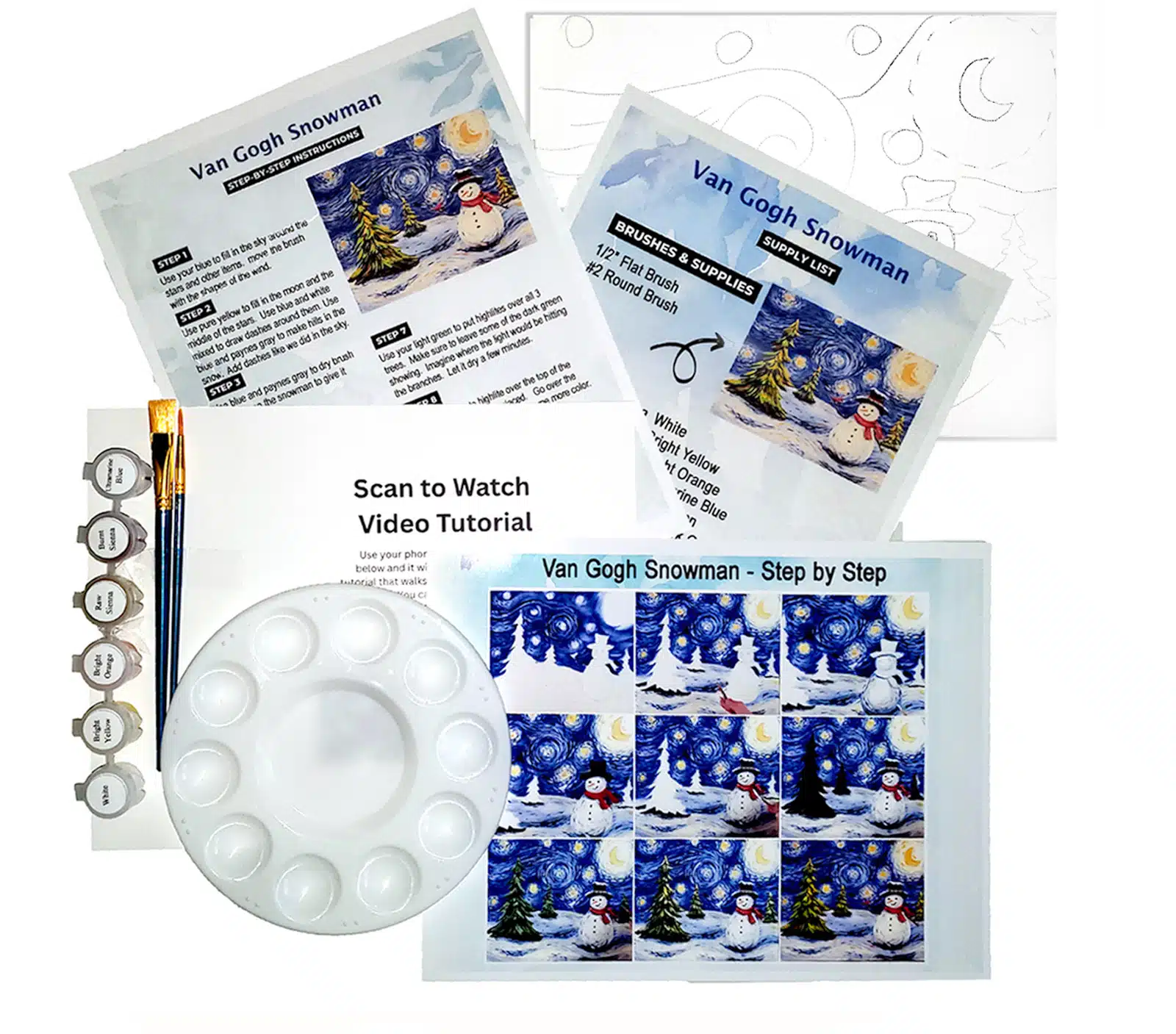 Acrylic art kit complete with tutorial showing all Van Gogh Snowman painting supplies including paints, brushes, palette, printed outline, supply list, step-by-step sheets, and QR code for online instruction.”