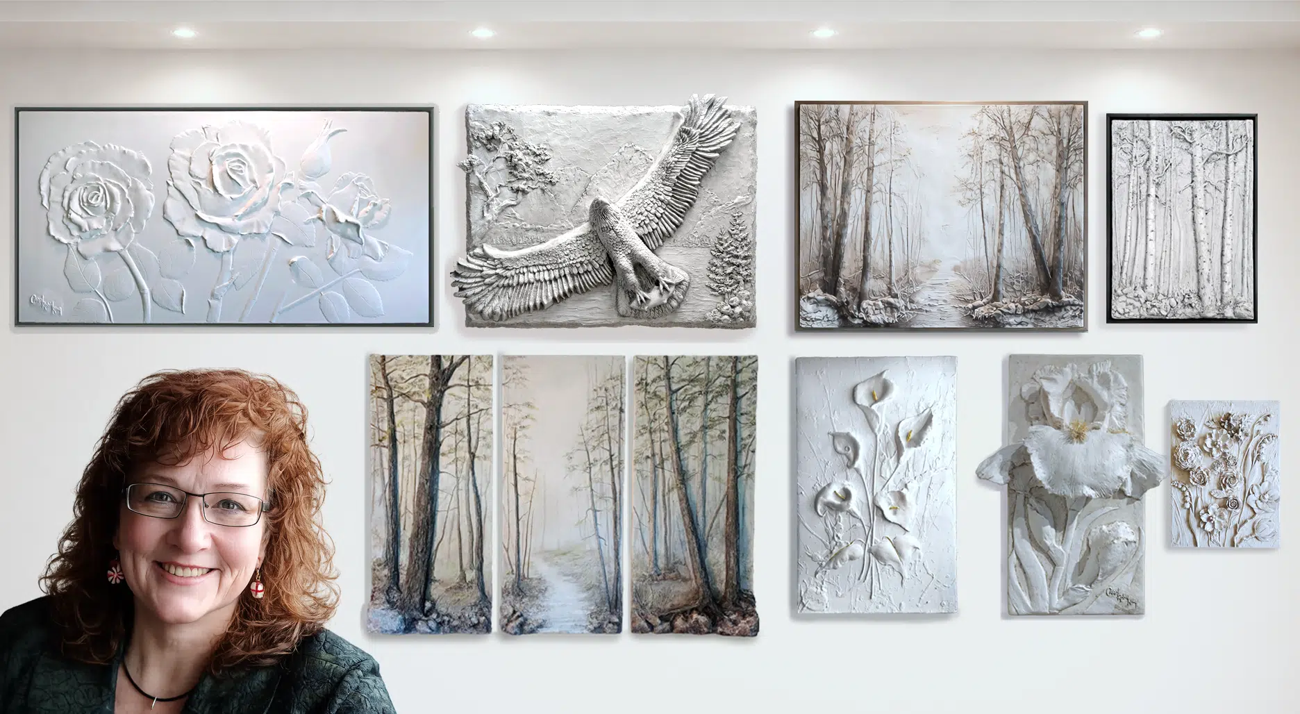Carol Robin King with a gallery of her Plaster Relief 3D art