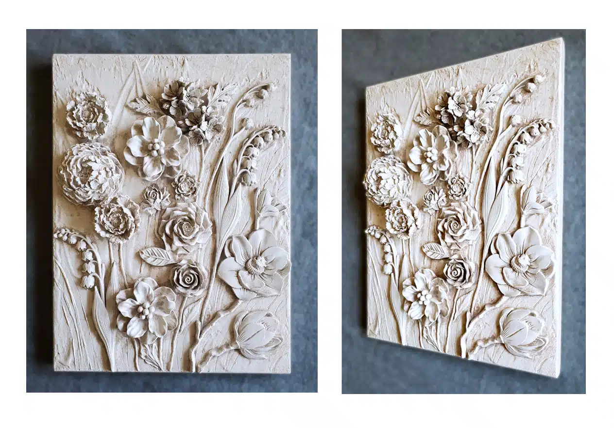 3D floral plaster relief wall art panel with sculpted roses and botanical flowers shown in front and angled view