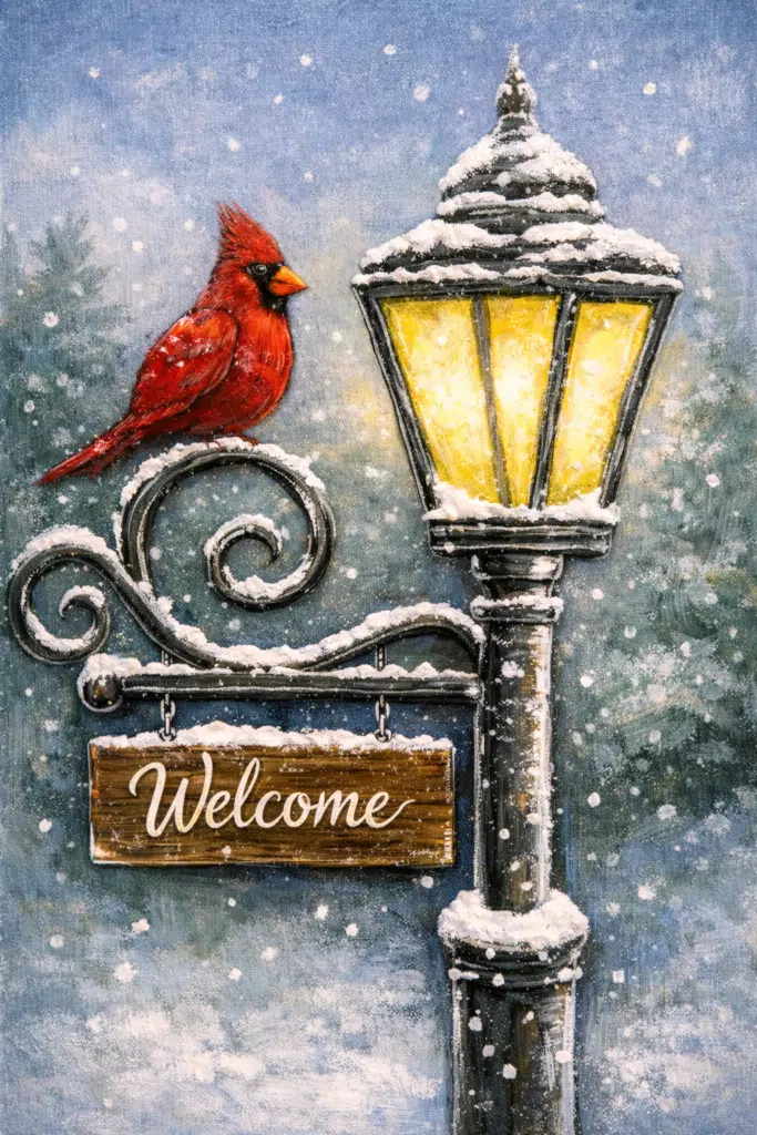 Cardinal with lampost acrylic painting class